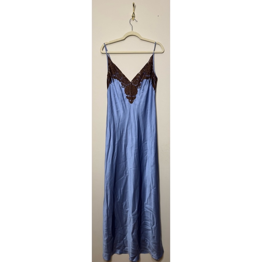 SIR the label Blue Satin Slip Dress with Brown Lace Trim - Picture 7 of 12